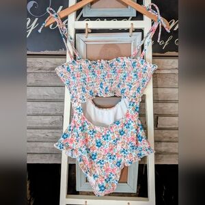 True Craft White One Piece Swimsuit with Blue and Pink Floral Print Size Large